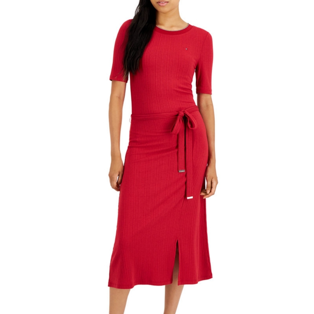 Tommy Hilfiger Red Ribbed Belted Midi Stretchy Dress Short Sleeve Crew Neck